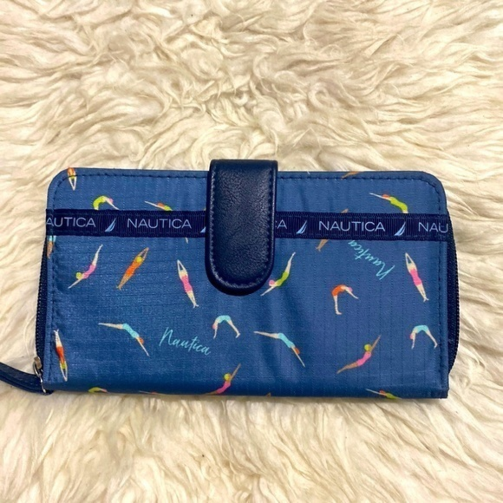 Nautica Swim Themed Blue Nylon Zip Around Wallet